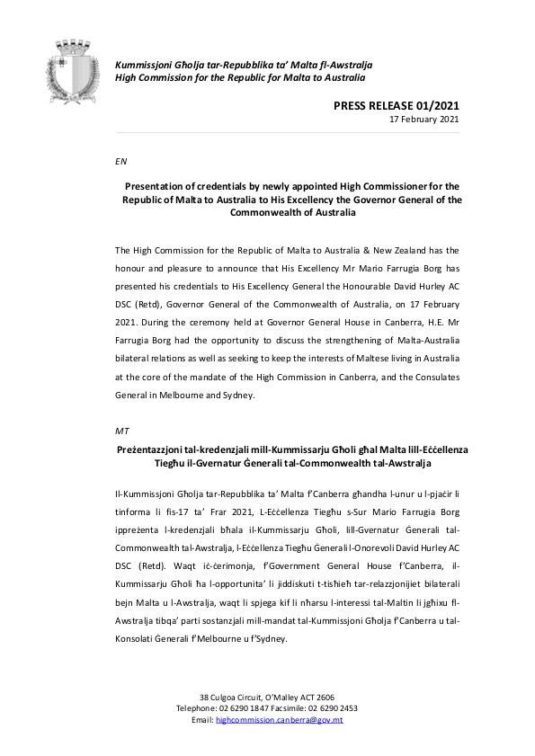 MHC Press Release 01 2021 - Presentation of Credentials H.E. Mr Farrugia