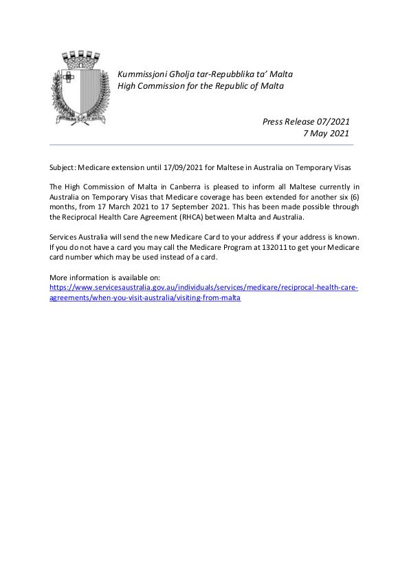MHC Press Release 07 2021 - Medicare coverage extension
