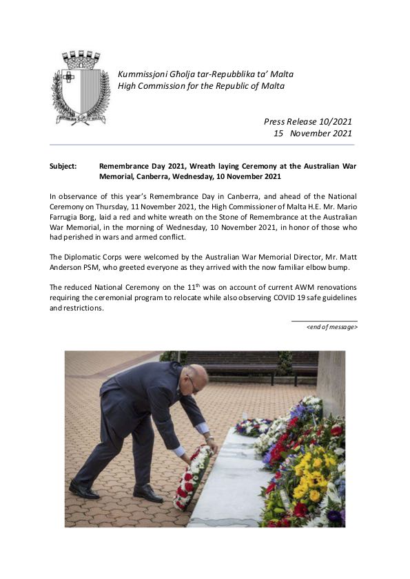 MHC Press Release 10 2021 - Remembrance Day Wreath Laying